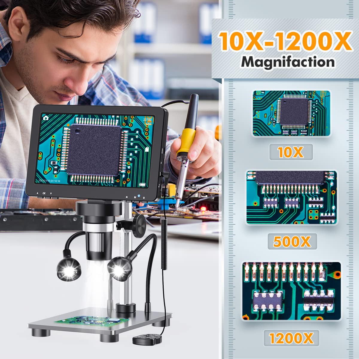 LCD Digital Microscope, Elikliv 7" 1200X Coin Microscope 1080P with 12MP Camera Sensor, Wired Remote, 10 LED Lights, Soldering Electronic Microscope for Adult Kids, Compatible with Windows/Mac OS